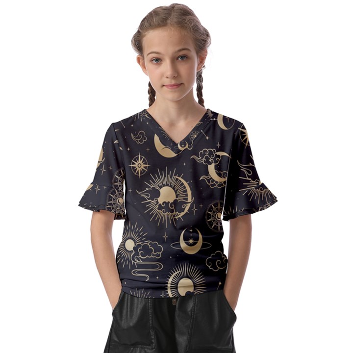 Asian Seamless Pattern With Clouds Moon Sun Stars Vector Collection Oriental Chinese Japanese Korean Kids  V-Neck Horn Sleeve Blouse