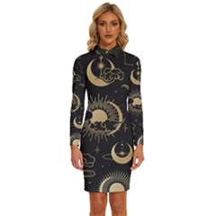 Asian Seamless Pattern With Clouds Moon Sun Stars Vector Collection Oriental Chinese Japanese Korean Long Sleeve Shirt Collar Bodycon Dress by Grandong