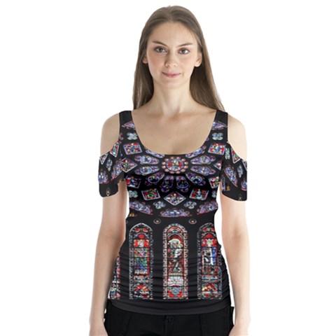 Chartres Cathedral Notre Dame De Paris Stained Glass Butterfly Sleeve Cutout T-shirt  by Grandong