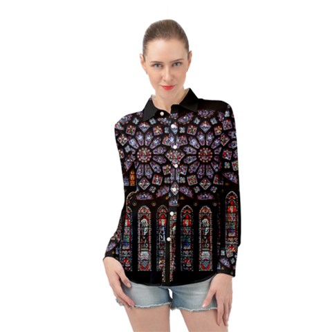 Chartres Cathedral Notre Dame De Paris Stained Glass Long Sleeve Chiffon Shirt by Grandong