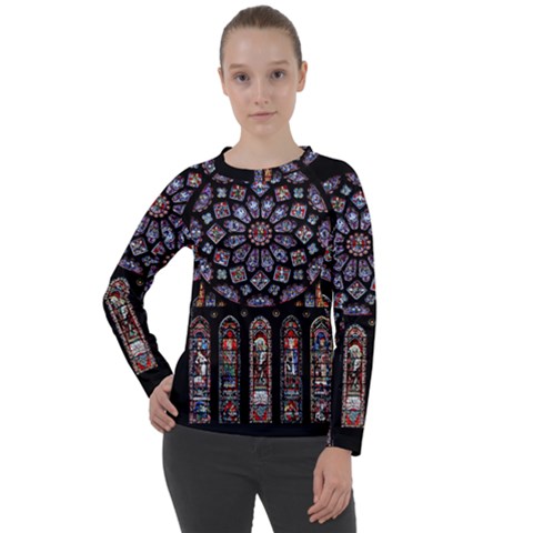 Chartres Cathedral Notre Dame De Paris Stained Glass Women s Long Sleeve Raglan T-shirt by Grandong