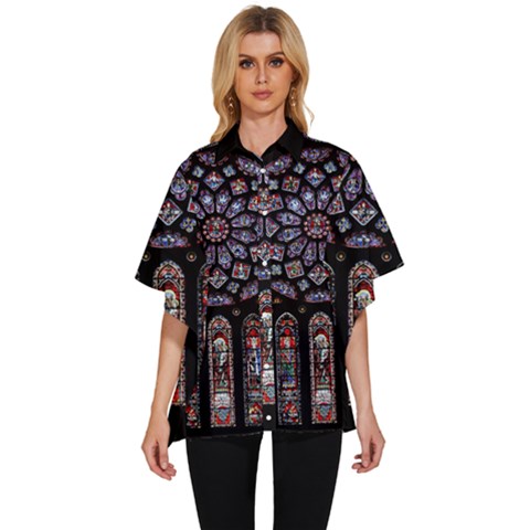 Chartres Cathedral Notre Dame De Paris Stained Glass Women s Batwing Button Up Shirt by Grandong