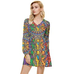 Dead Dancing Bears Grateful Dead Pattern Tiered Long Sleeve Mini Dress by Grandong