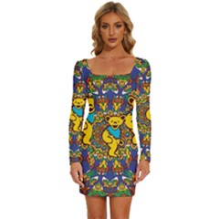 Dead Dancing Bears Grateful Dead Pattern Long Sleeve Square Neck Bodycon Velvet Dress by Grandong