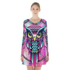 Owl Dreamcatcher Long Sleeve Velvet V-neck Dress