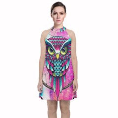 Owl Dreamcatcher Velvet Halter Neckline Dress 