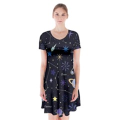 Starry Night  Space Constellations  Stars  Galaxy  Universe Graphic  Illustration Short Sleeve V-neck Flare Dress by Grandong