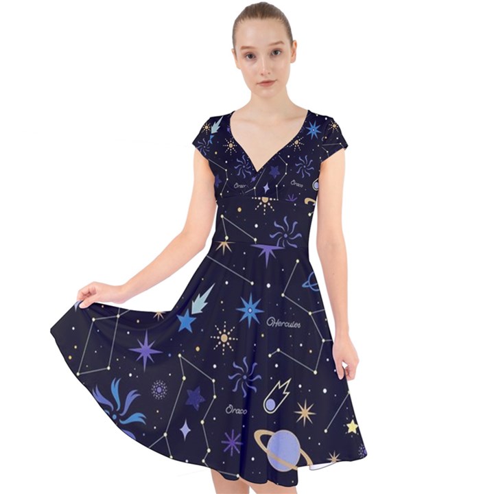 Starry Night  Space Constellations  Stars  Galaxy  Universe Graphic  Illustration Cap Sleeve Front Wrap Midi Dress