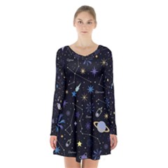 Starry Night  Space Constellations  Stars  Galaxy  Universe Graphic  Illustration Long Sleeve Velvet V-neck Dress