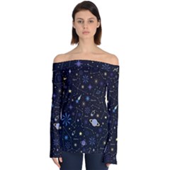 Starry Night  Space Constellations  Stars  Galaxy  Universe Graphic  Illustration Off Shoulder Long Sleeve Top by Grandong