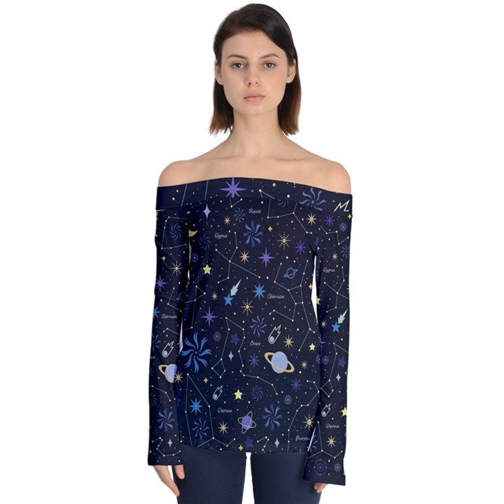 Starry Night  Space Constellations  Stars  Galaxy  Universe Graphic  Illustration Off Shoulder Long Sleeve Top