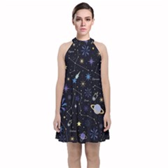 Starry Night  Space Constellations  Stars  Galaxy  Universe Graphic  Illustration Velvet Halter Neckline Dress 