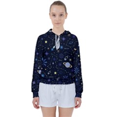 Starry Night  Space Constellations  Stars  Galaxy  Universe Graphic  Illustration Women s Tie Up Sweat