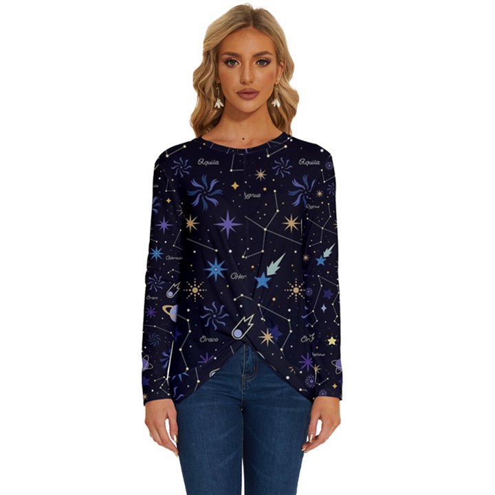 Starry Night  Space Constellations  Stars  Galaxy  Universe Graphic  Illustration Long Sleeve Crew Neck Pullover Top