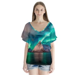 Amazing Aurora Borealis Colors V-neck Flutter Sleeve Top