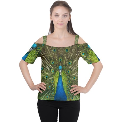 Peacock Feathers Bird Plumage Cutout Shoulder T-shirt by Perong