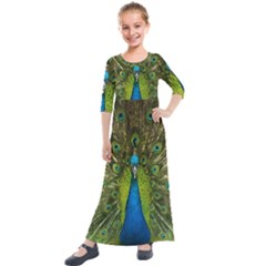 Peacock Feathers Bird Plumage Kids  Quarter Sleeve Maxi Dress