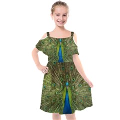 Peacock Feathers Bird Plumage Kids  Cut Out Shoulders Chiffon Dress by Perong