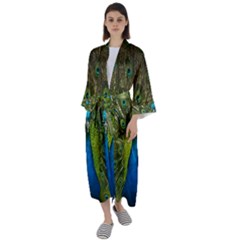 Peacock Feathers Bird Plumage Maxi Satin Kimono by Perong