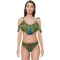 Peacock Feathers Bird Plumage Ruffle Edge Tie Up Bikini Set	