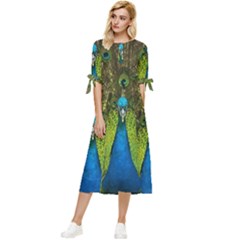 Peacock Feathers Bird Plumage Bow Sleeve Chiffon Midi Dress