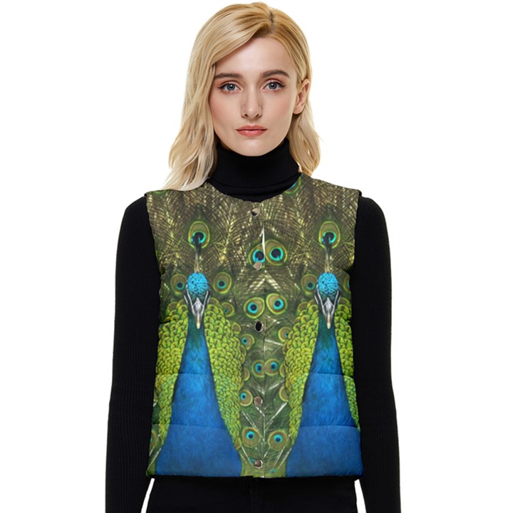 Peacock Feathers Bird Plumage Women s Button Up Puffer Vest