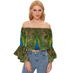 Peacock Feathers Bird Plumage Off Shoulder Flutter Bell Sleeve Top