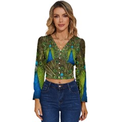 Peacock Feathers Bird Plumage Long Sleeve V-neck Top