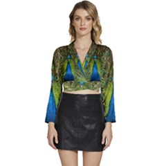 Peacock Feathers Bird Plumage Long Sleeve Tie Back Satin Wrap Top by Perong