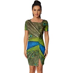 Peacock Feathers Bird Plumage Fitted Knot Split End Bodycon Dress