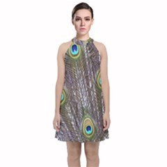 Peacock Bird Feathers Plumage Peacock Velvet Halter Neckline Dress 