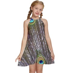 Peacock Bird Feathers Plumage Peacock Kids  Halter Collar Waist Tie Chiffon Dress by Perong