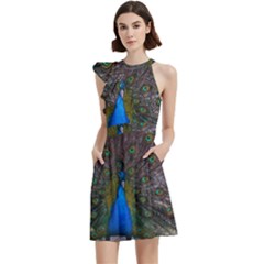 Bird Peacock Feathers Cocktail Party Halter Sleeveless Dress With Pockets by Perong