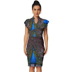 Bird Peacock Feathers Vintage Frill Sleeve V-neck Bodycon Dress by Perong