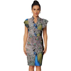 Peacock Bird Animal Peafowl Vintage Frill Sleeve V-neck Bodycon Dress by Perong