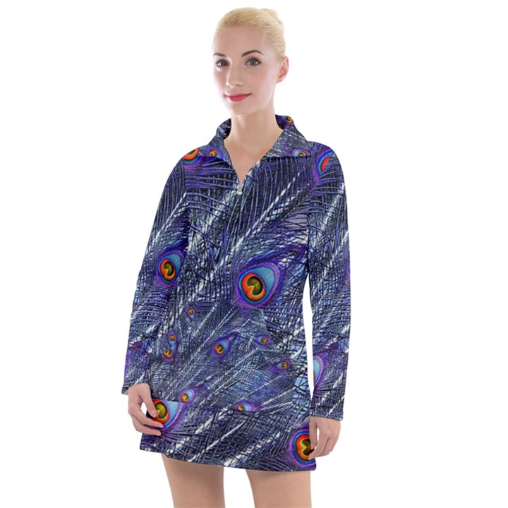 Peacock Bird Feathers Coloured Plumage Women s Long Sleeve Casual Dress