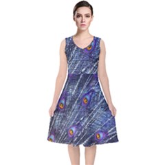 Peacock Bird Feathers Coloured Plumage V-neck Midi Sleeveless Dress 