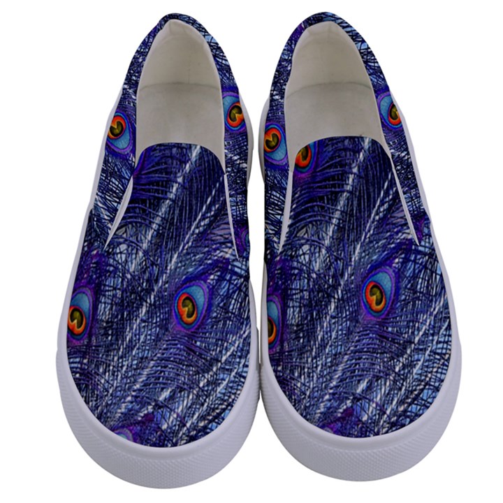 Peacock Bird Feathers Coloured Plumage Kids  Canvas Slip Ons