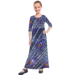 Peacock Bird Feathers Coloured Plumage Kids  Quarter Sleeve Maxi Dress