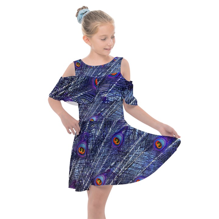 Peacock Bird Feathers Coloured Plumage Kids  Shoulder Cutout Chiffon Dress