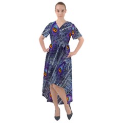 Peacock Bird Feathers Coloured Plumage Front Wrap High Low Dress by Perong