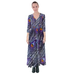 Peacock Bird Feathers Coloured Plumage Button Up Maxi Dress