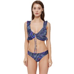 Peacock Bird Feathers Coloured Plumage Low Cut Ruffle Edge Bikini Set by Perong