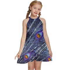 Peacock Bird Feathers Coloured Plumage Kids  Halter Collar Waist Tie Chiffon Dress by Perong