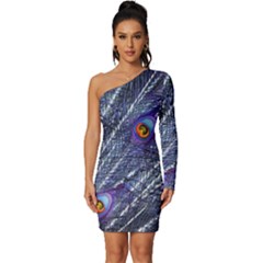 Peacock Bird Feathers Coloured Plumage Long Sleeve One Shoulder Mini Dress by Perong