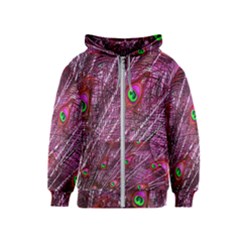 Peacock Feathers Coloured Plumage Pink Red Kids  Zipper Hoodie by Perong