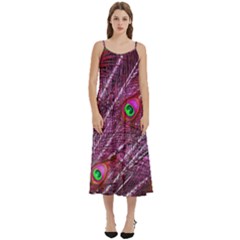 Peacock Feathers Coloured Plumage Pink Red Casual Spaghetti Strap Midi Dress by Perong