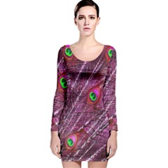 Peacock Feathers Coloured Plumage Pink Red Long Sleeve Velvet Bodycon Dress