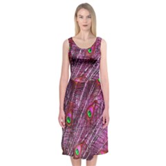 Peacock Feathers Coloured Plumage Pink Red Midi Sleeveless Dress by Perong