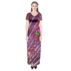 Peacock Feathers Coloured Plumage Pink Red Short Sleeve Maxi Dress by Perong